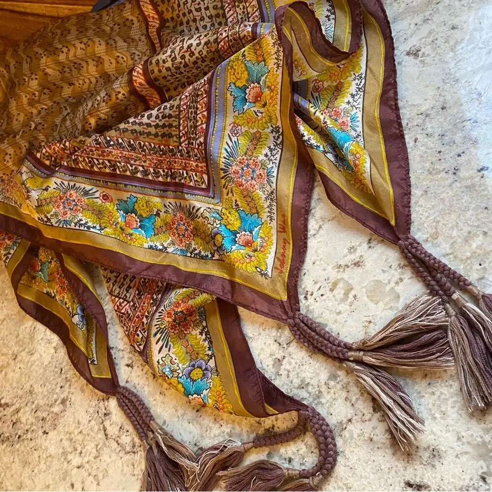 Johnny Was $110 Silk Boho Brown Gold Turquoise Block Print Tassel Scarf EUC